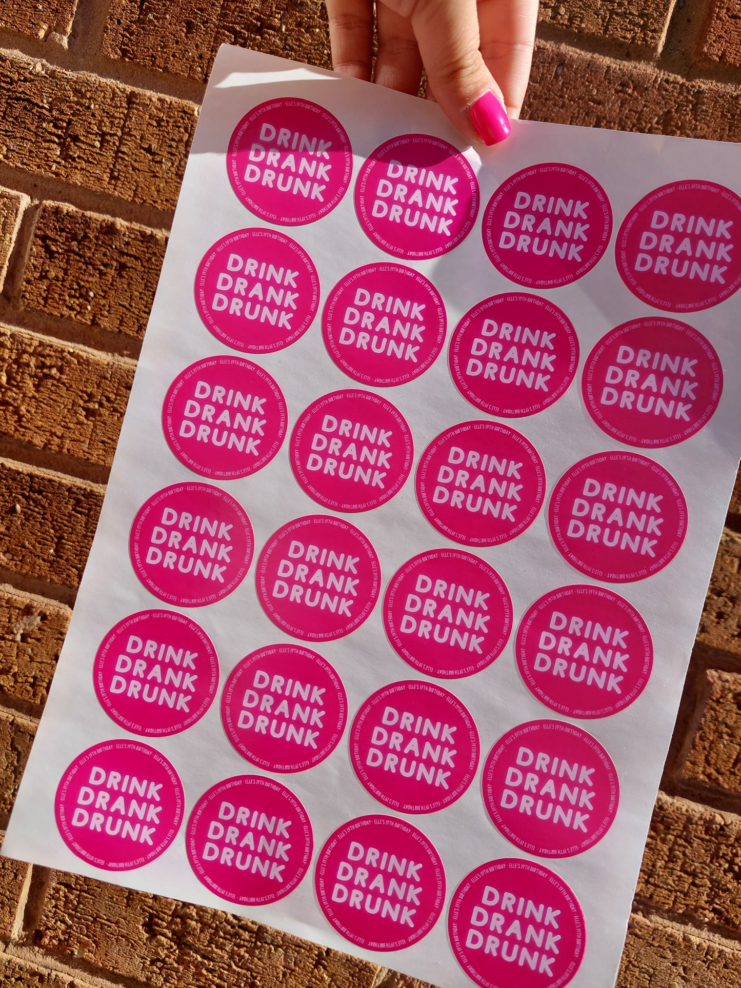 Personalised Fuchsia Pink Birthday Stickers | Drink, Drank, Drunk | Sticker Sheet 45mm Circles | Party Stickers | Sticker Sheet