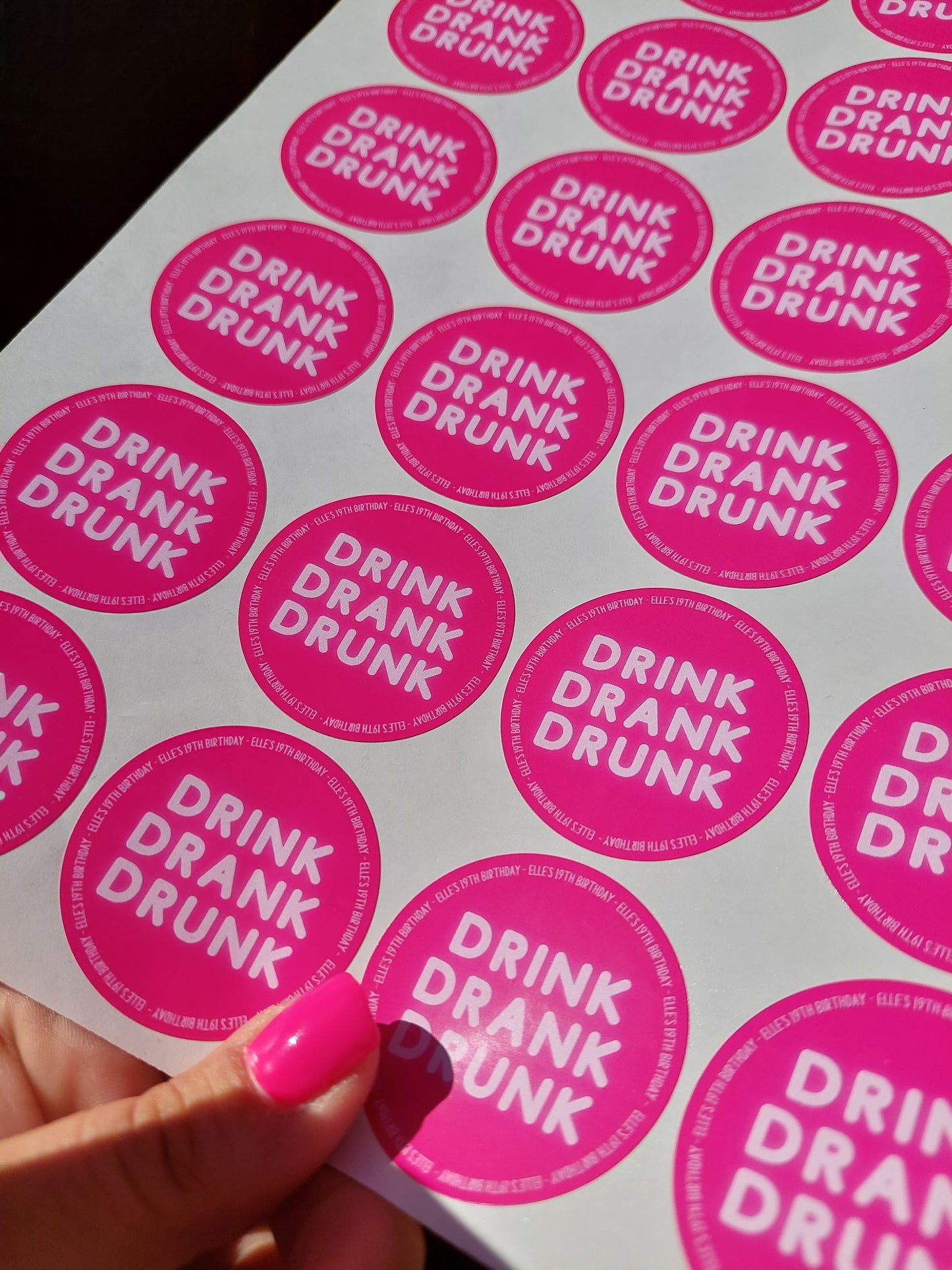 Personalised Fuchsia Pink Birthday Stickers | Drink, Drank, Drunk | Sticker Sheet 45mm Circles | Party Stickers | Sticker Sheet