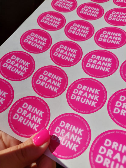 Personalised Fuchsia Pink Birthday Stickers | Drink, Drank, Drunk | Sticker Sheet 45mm Circles | Party Stickers | Sticker Sheet
