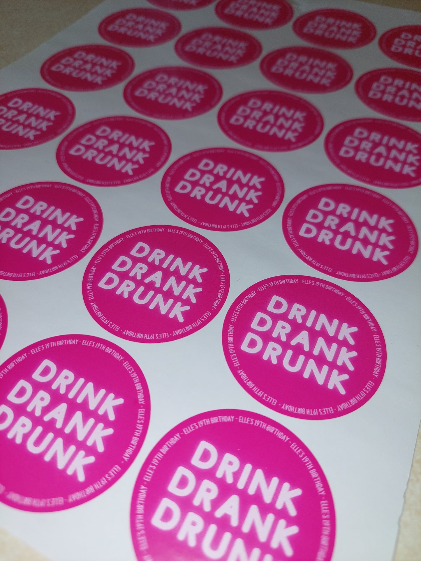 Personalised Fuchsia Pink Birthday Stickers | Drink, Drank, Drunk | Sticker Sheet 45mm Circles | Party Stickers | Sticker Sheet