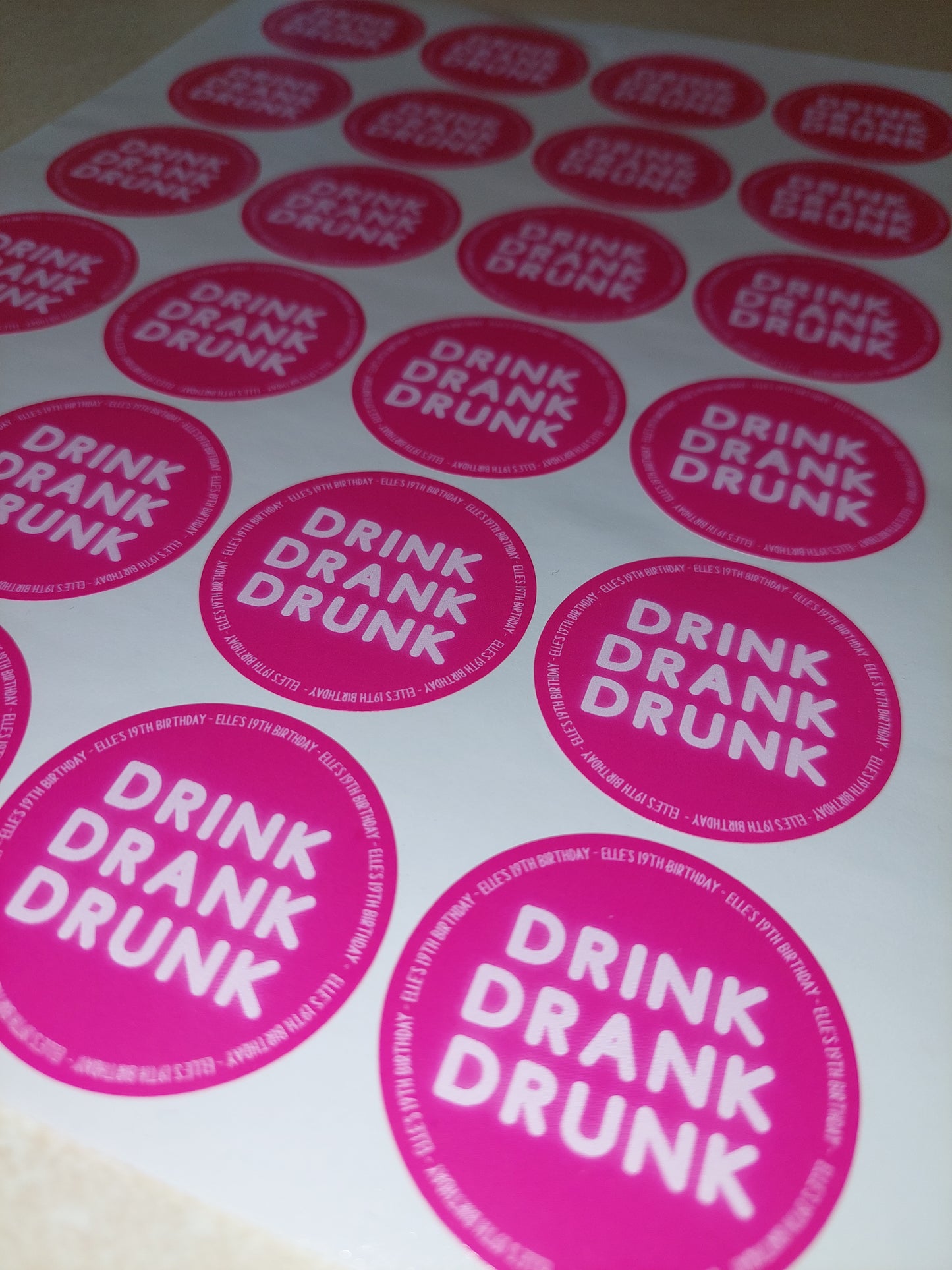 Personalised Fuchsia Pink Birthday Stickers | Drink, Drank, Drunk | Sticker Sheet 45mm Circles | Party Stickers | Sticker Sheet