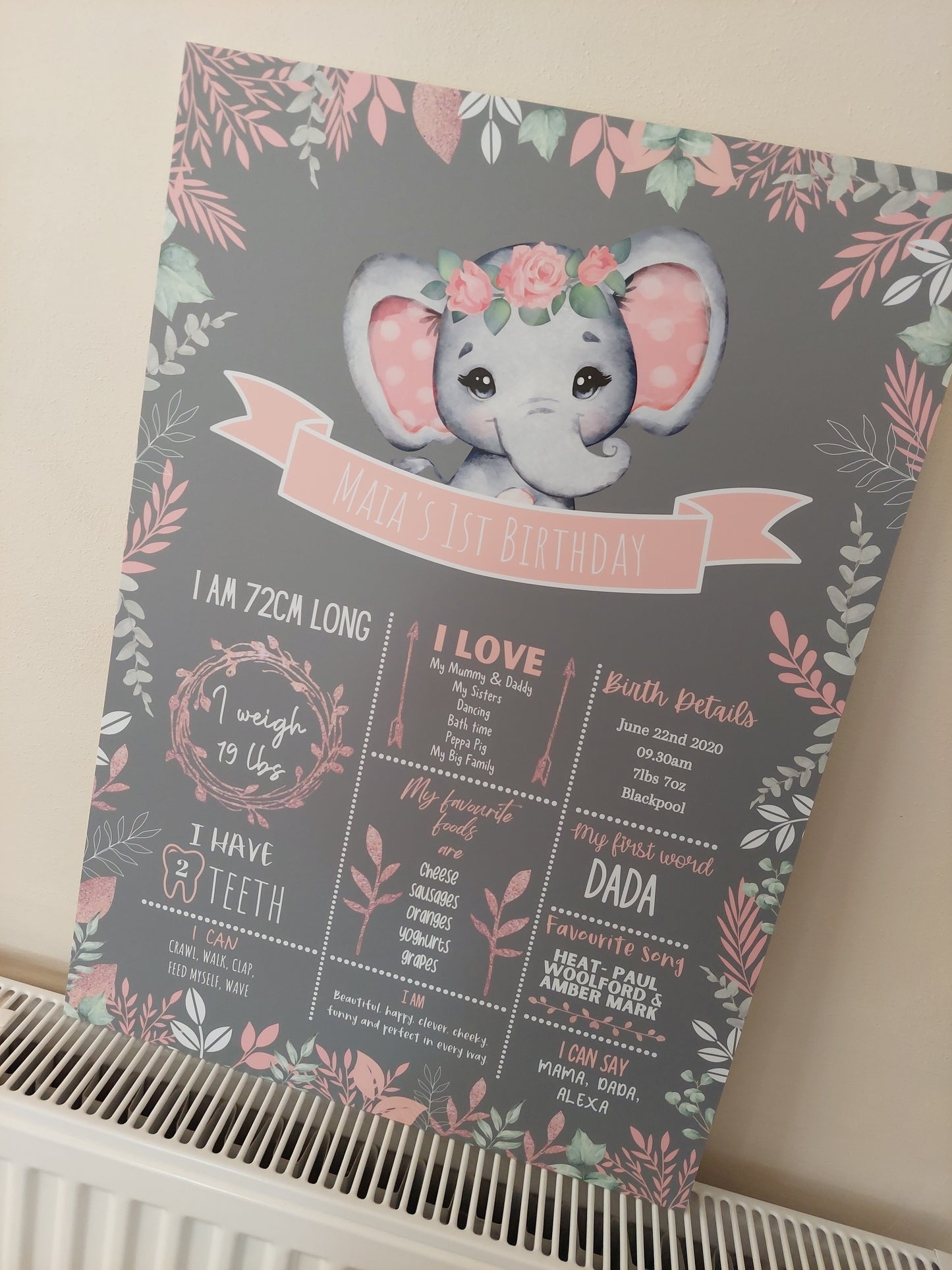 Personalised Coral Pink Elephant Welcome Board Sign | Elephant First Birthday Board | Birthday Party Sign | Elephant Party Theme | A4, A3, A2
