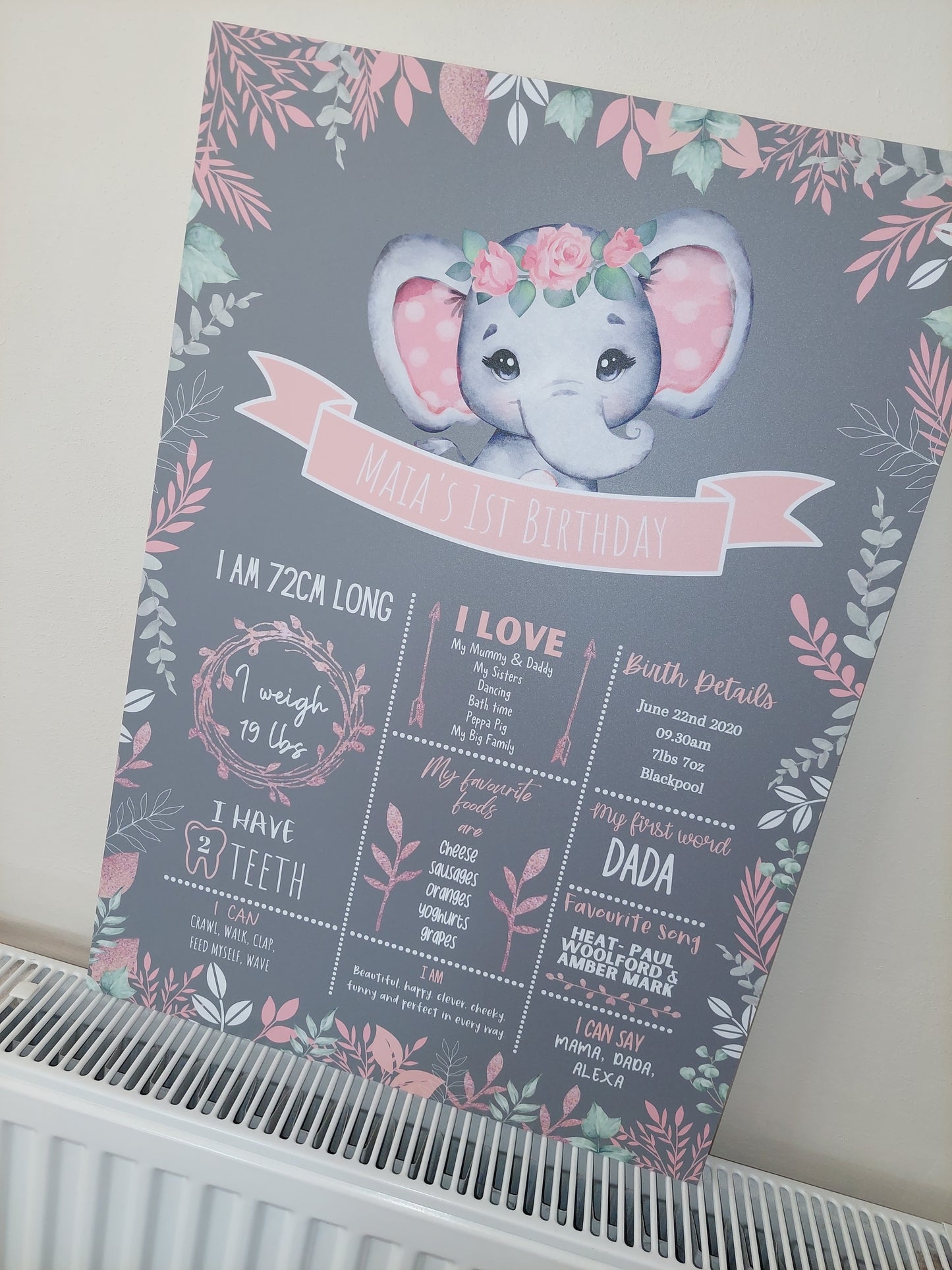 Personalised Coral Pink Elephant Welcome Board Sign | Elephant First Birthday Board | Birthday Party Sign | Elephant Party Theme | A4, A3, A2