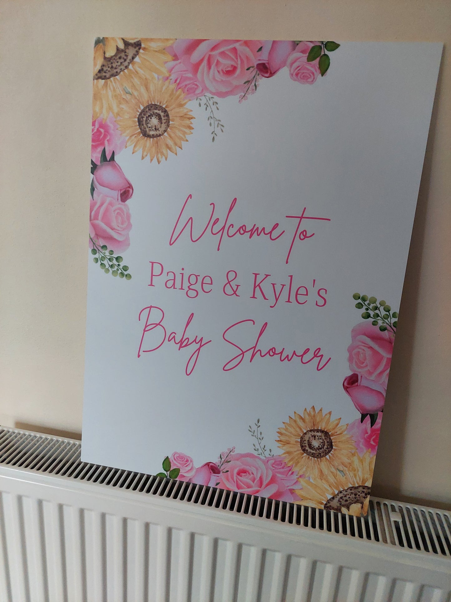 Personalised Floral Pink Yellow Sunflower & Roses Welcome Board Sign | Birthday Board | Christening Board | Baby Shower Board | Party Sign | A4, A3, A2