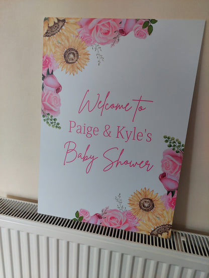 Personalised Floral Pink Yellow Sunflower & Roses Welcome Board Sign | Birthday Board | Christening Board | Baby Shower Board | Party Sign | A4, A3, A2