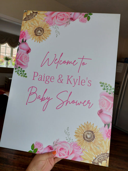 Personalised Floral Pink Yellow Sunflower & Roses Welcome Board Sign | Birthday Board | Christening Board | Baby Shower Board | Party Sign | A4, A3, A2