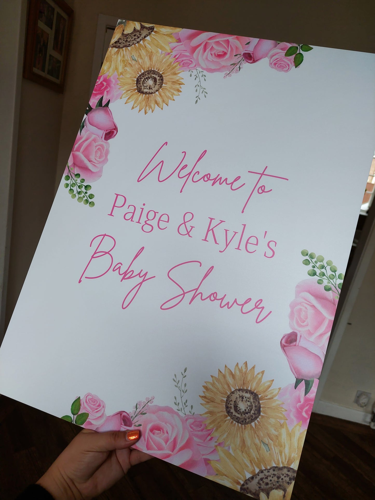 Personalised Floral Pink Yellow Sunflower & Roses Welcome Board Sign | Birthday Board | Christening Board | Baby Shower Board | Party Sign | A4, A3, A2