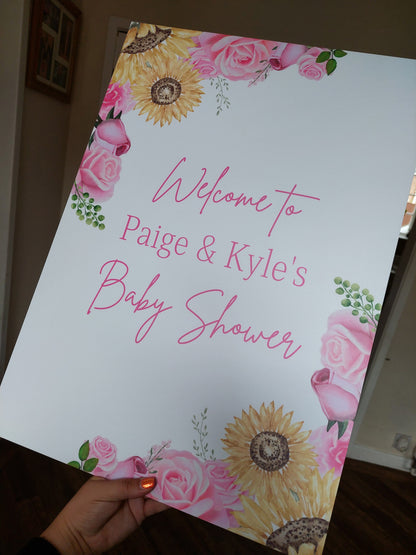 Personalised Floral Pink Yellow Sunflower & Roses Welcome Board Sign | Birthday Board | Christening Board | Baby Shower Board | Party Sign | A4, A3, A2