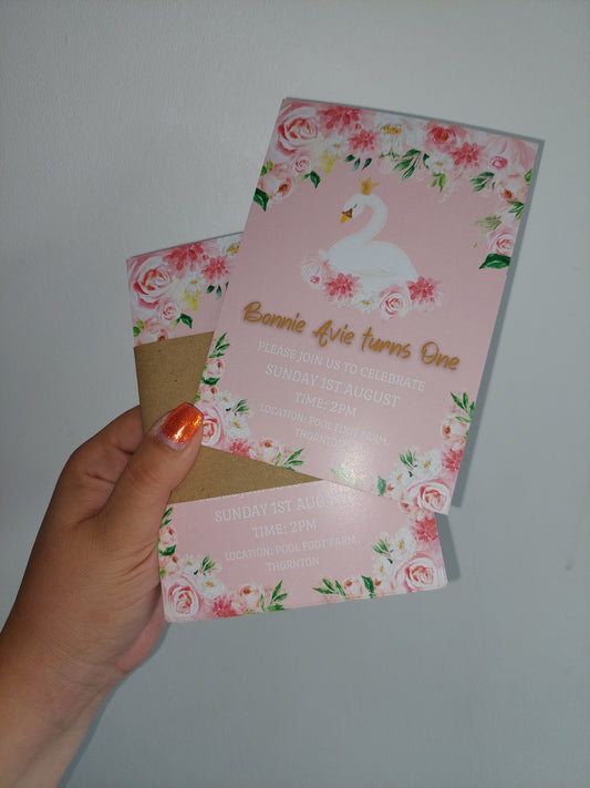 Swan Invitations | A6 Invites | Pink Swan Theme Invitations | Party Invitations - Dinky Designs