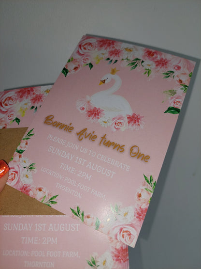 Swan Invitations | A6 Invites | Pink Swan Theme Invitations | Party Invitations