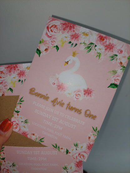 Swan Invitations | A6 Invites | Pink Swan Theme Invitations | Party Invitations