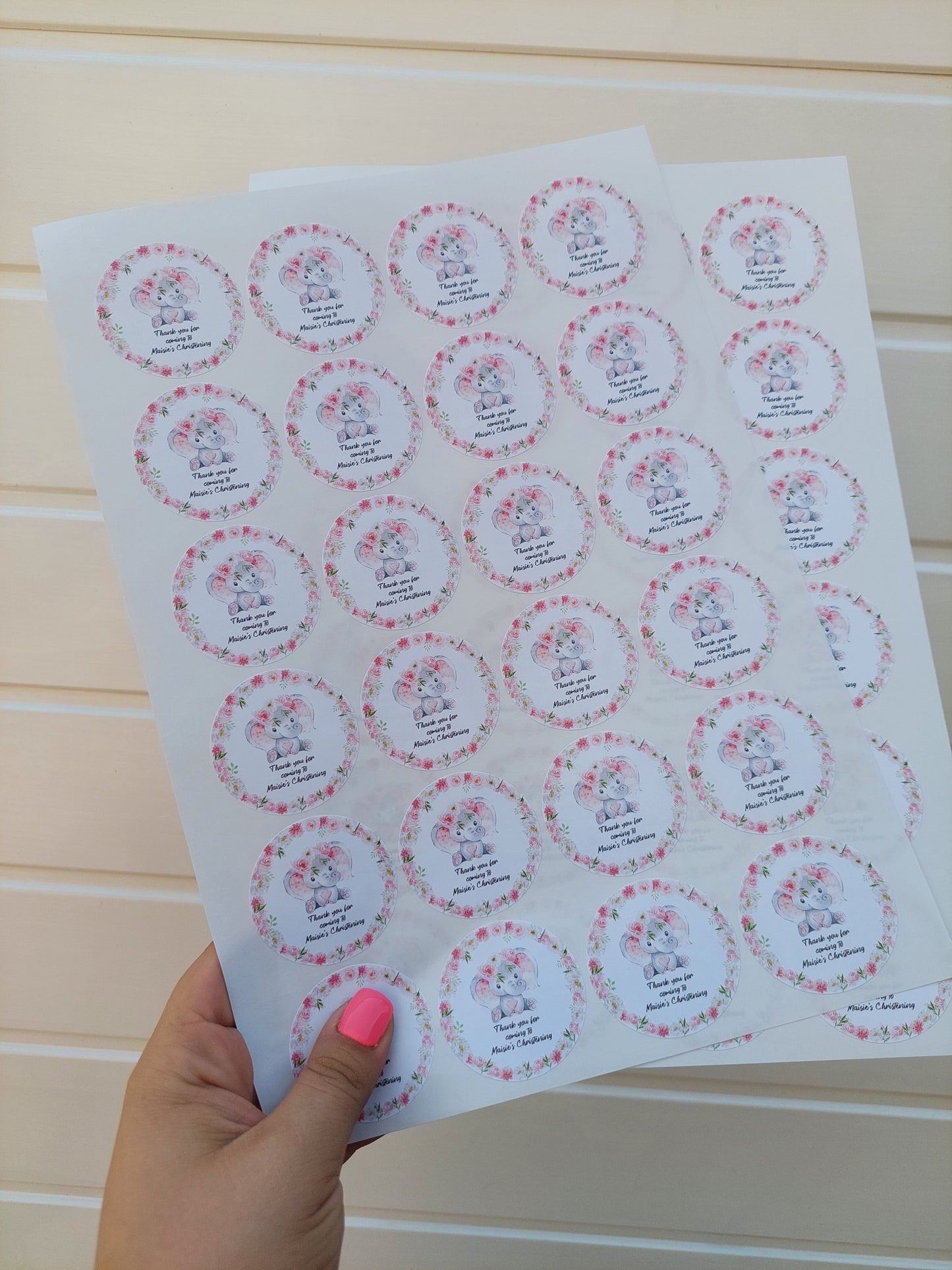 Personalised Pink Floral Elephant Stickers | Sticker Sheet 45mm Circles | Party Stickers | Circle Stickers | Sticker Sheet