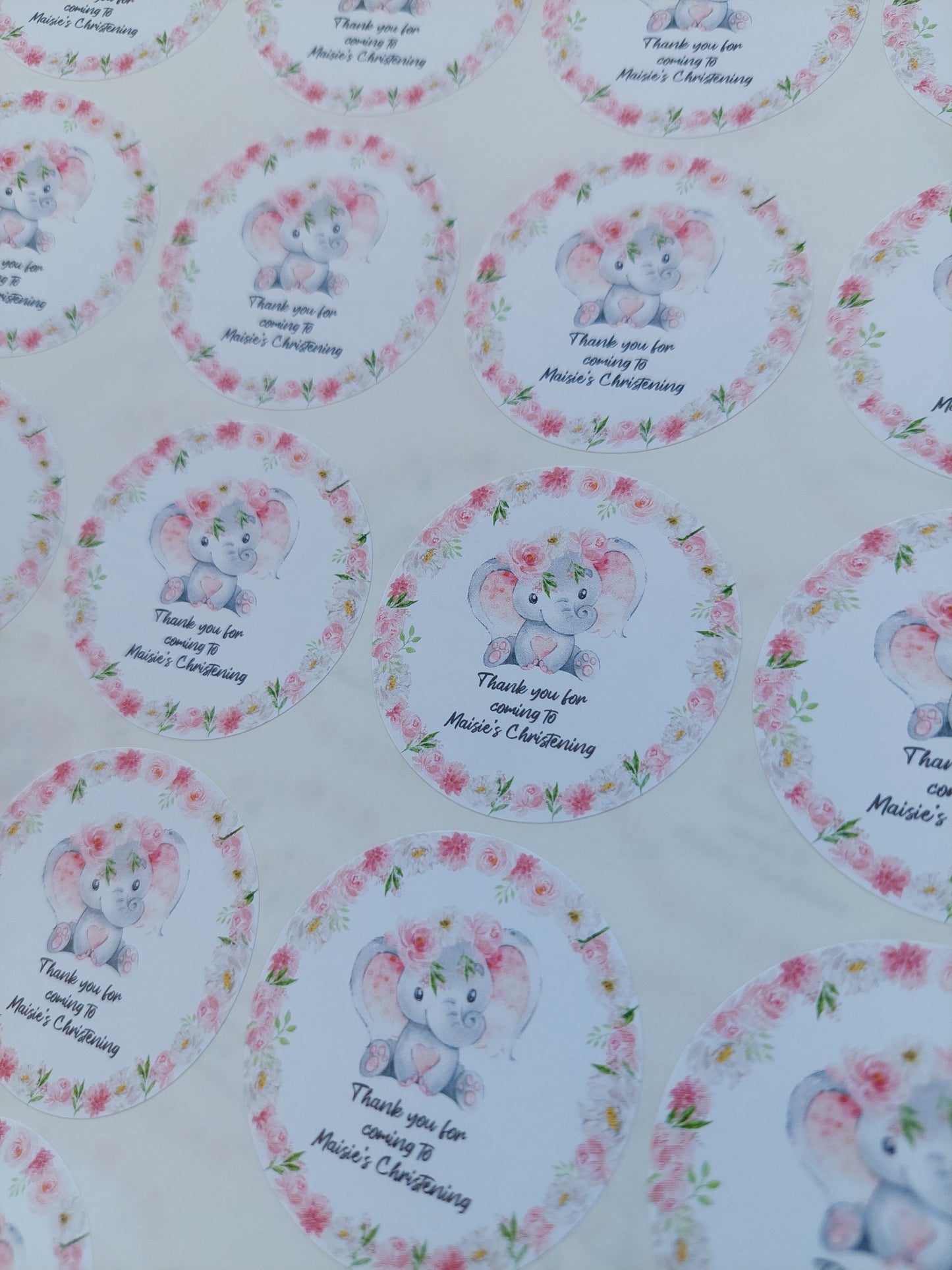 Personalised Pink Floral Elephant Stickers | Sticker Sheet 45mm Circles | Party Stickers | Circle Stickers | Sticker Sheet