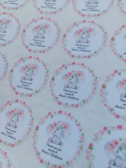 Personalised Pink Floral Elephant Stickers | Sticker Sheet 45mm Circles | Party Stickers | Circle Stickers | Sticker Sheet