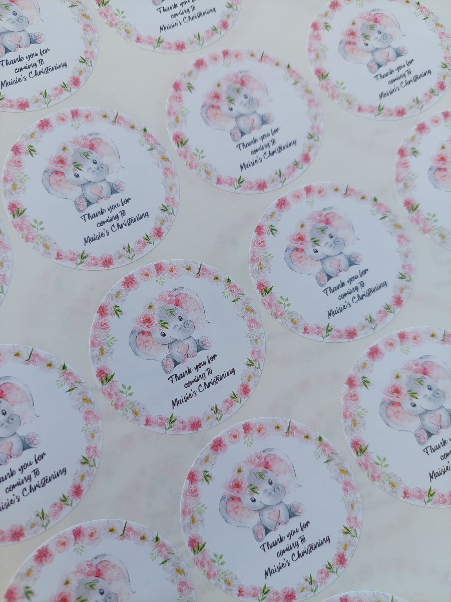 Personalised Pink Floral Elephant Stickers | Sticker Sheet 45mm Circles | Party Stickers | Circle Stickers | Sticker Sheet