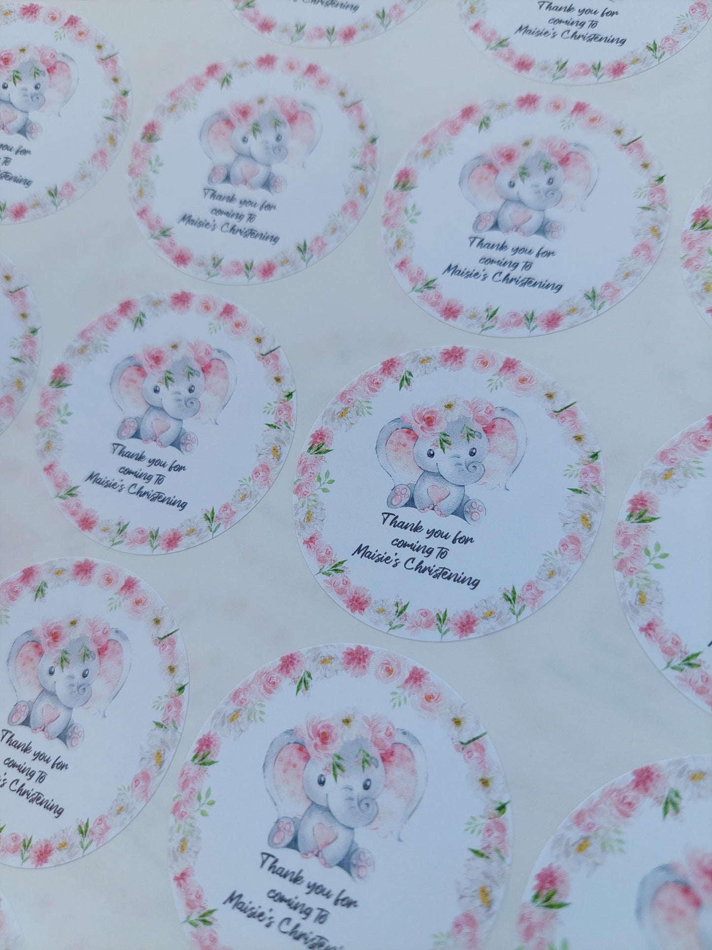 Personalised Pink Floral Elephant Stickers | Sticker Sheet 45mm Circles | Party Stickers | Circle Stickers | Sticker Sheet