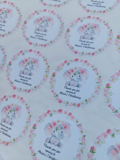 Personalised Pink Floral Elephant Stickers | Sticker Sheet 45mm Circles | Party Stickers | Circle Stickers | Sticker Sheet