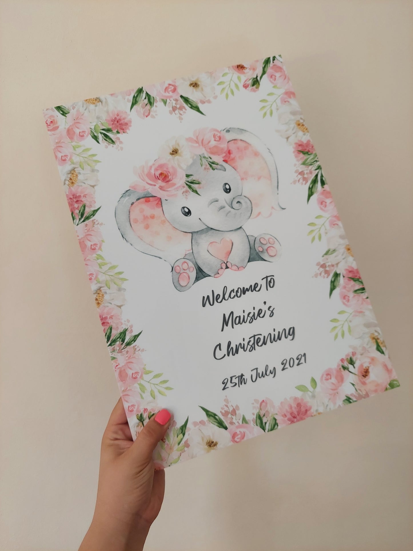 Floral Pink Elephant Welcome Board Sign | Personalised Christening Board | Personalised Birthday Board | Birthday Party Sign | Christening Sign | A4, A3, A2
