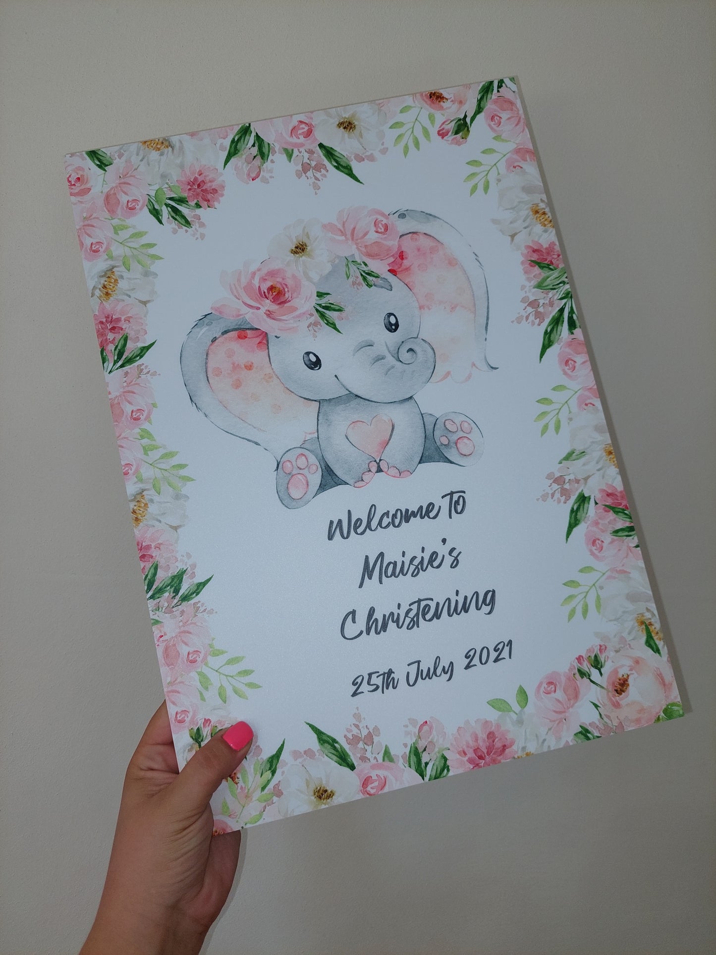 Floral Pink Elephant Welcome Board Sign | Personalised Christening Board | Personalised Birthday Board | Birthday Party Sign | Christening Sign | A4, A3, A2