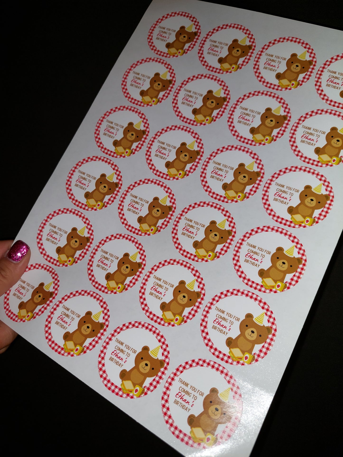 Red Teddy Bear Picnic Party Stickers | Circle Stickers | Sticker Sheet | Party Stickers