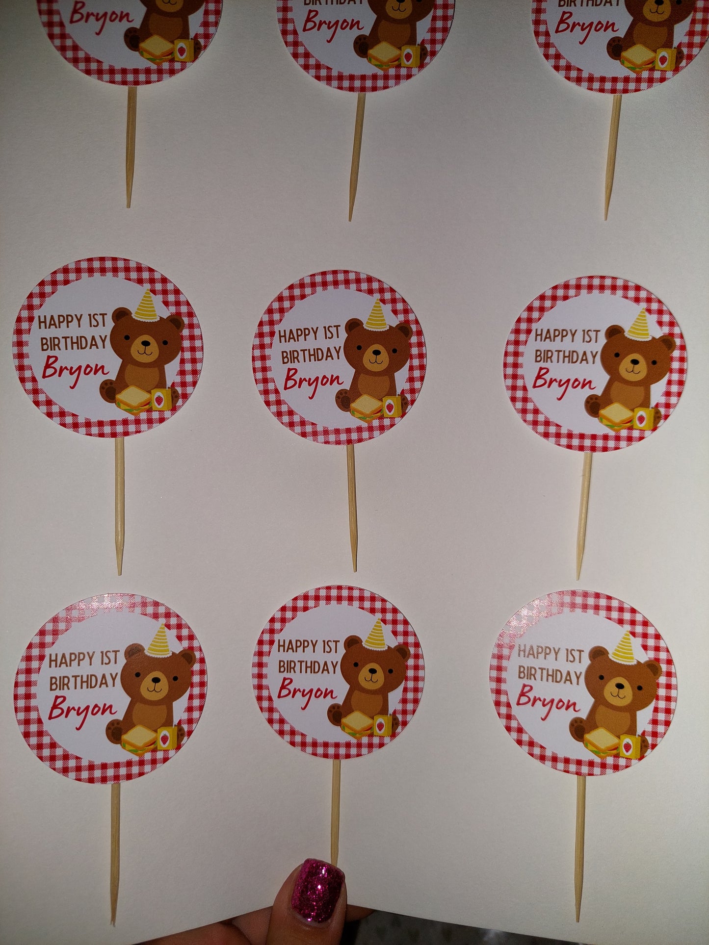 Red Teddy Bear Picnic Cupcake Toppers | Birthday Cupcake Toppers | Party Decorations