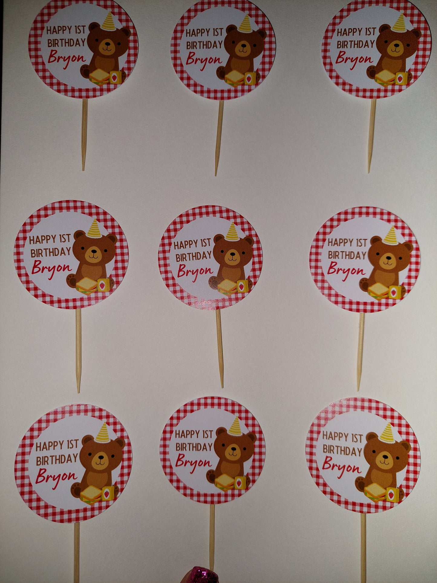 Red Teddy Bear Picnic Cupcake Toppers | Birthday Cupcake Toppers | Party Decorations