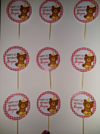 Red Teddy Bear Picnic Cupcake Toppers | Birthday Cupcake Toppers | Party Decorations