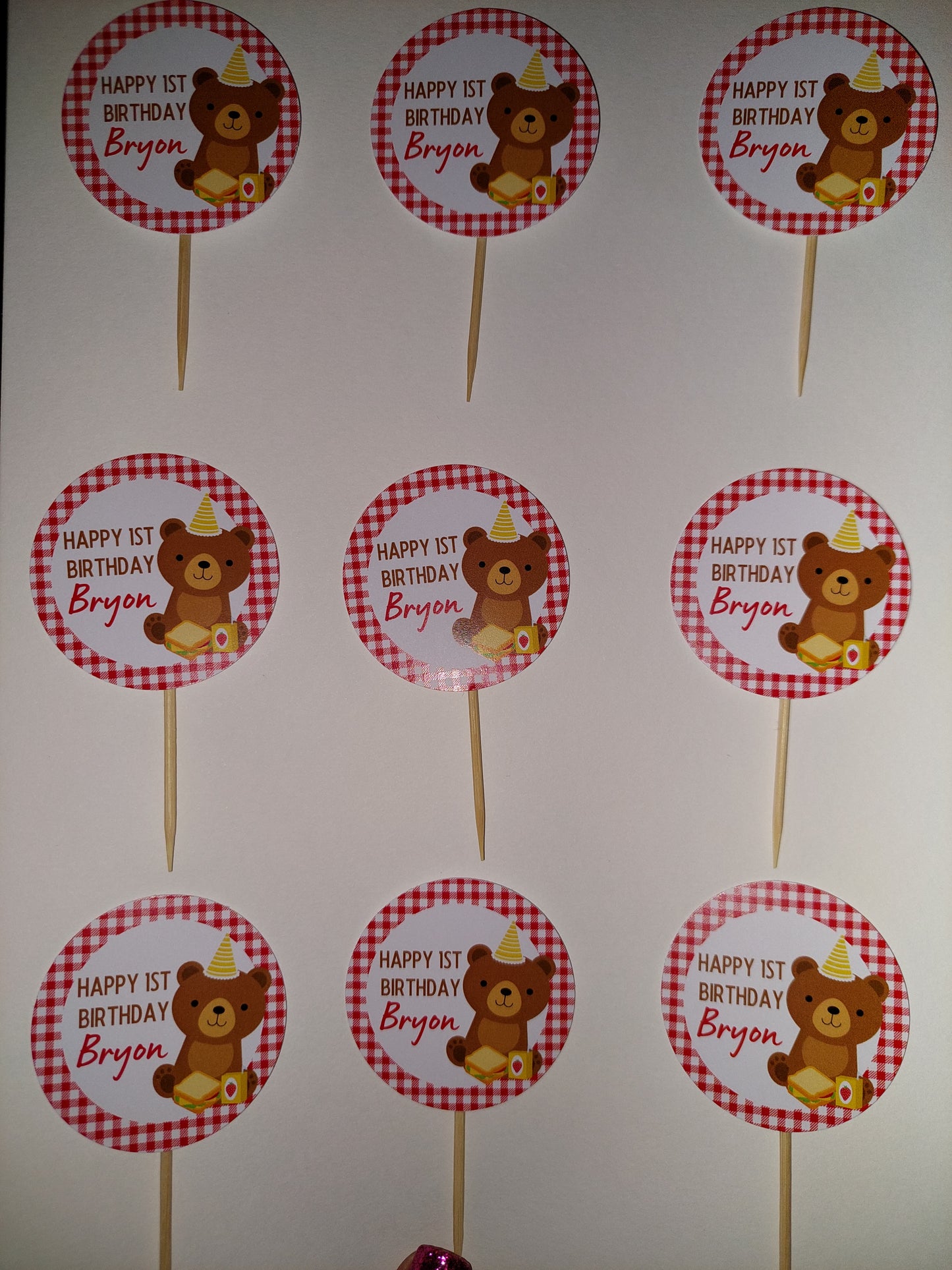 Red Teddy Bear Picnic Cupcake Toppers | Birthday Cupcake Toppers | Party Decorations