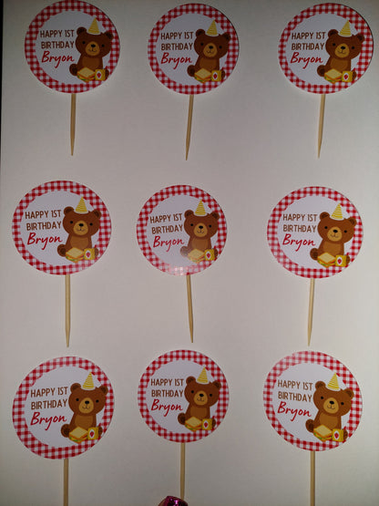 Red Teddy Bear Picnic Cupcake Toppers | Birthday Cupcake Toppers | Party Decorations