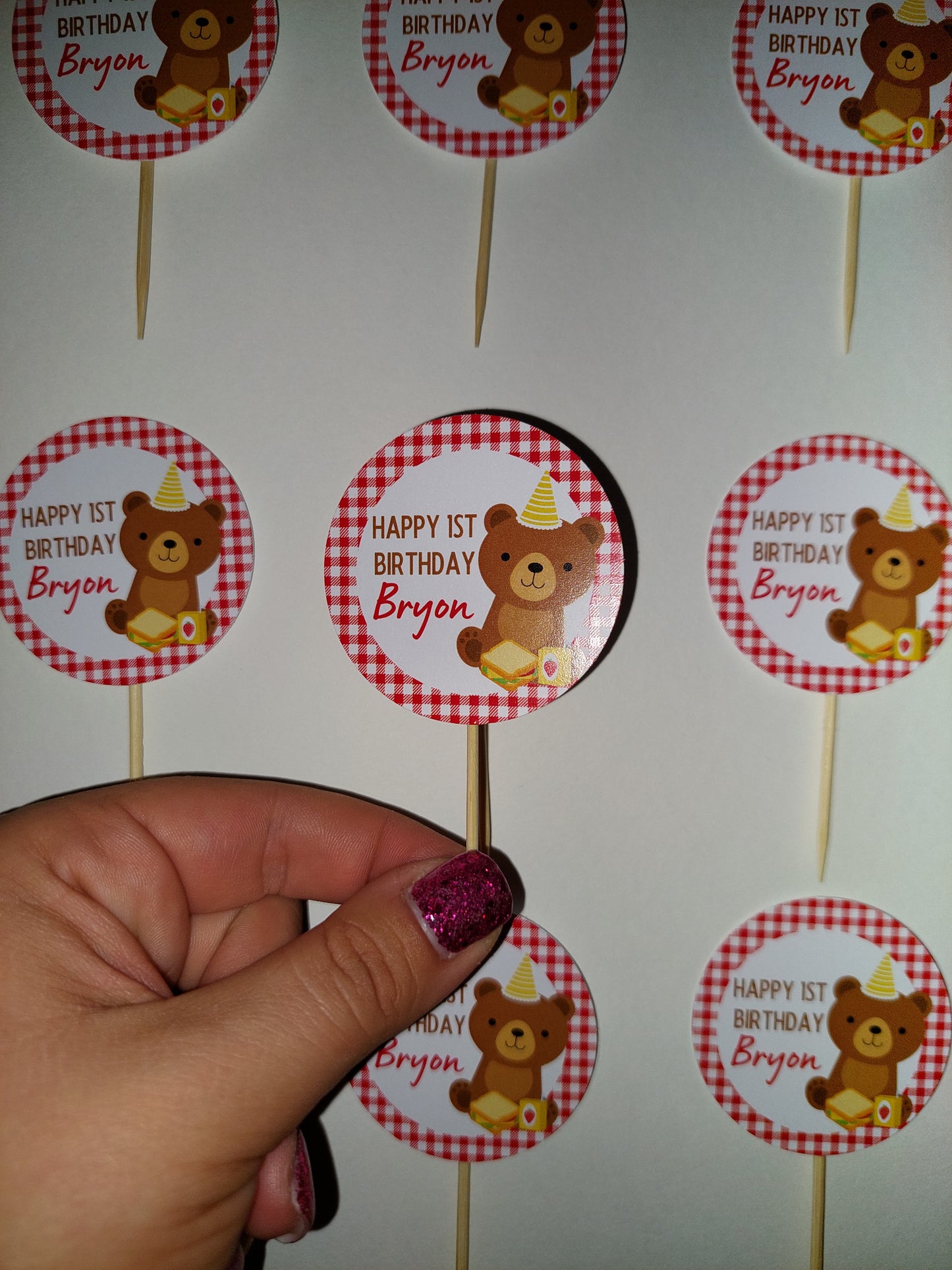 Red Teddy Bear Picnic Cupcake Toppers | Birthday Cupcake Toppers | Party Decorations
