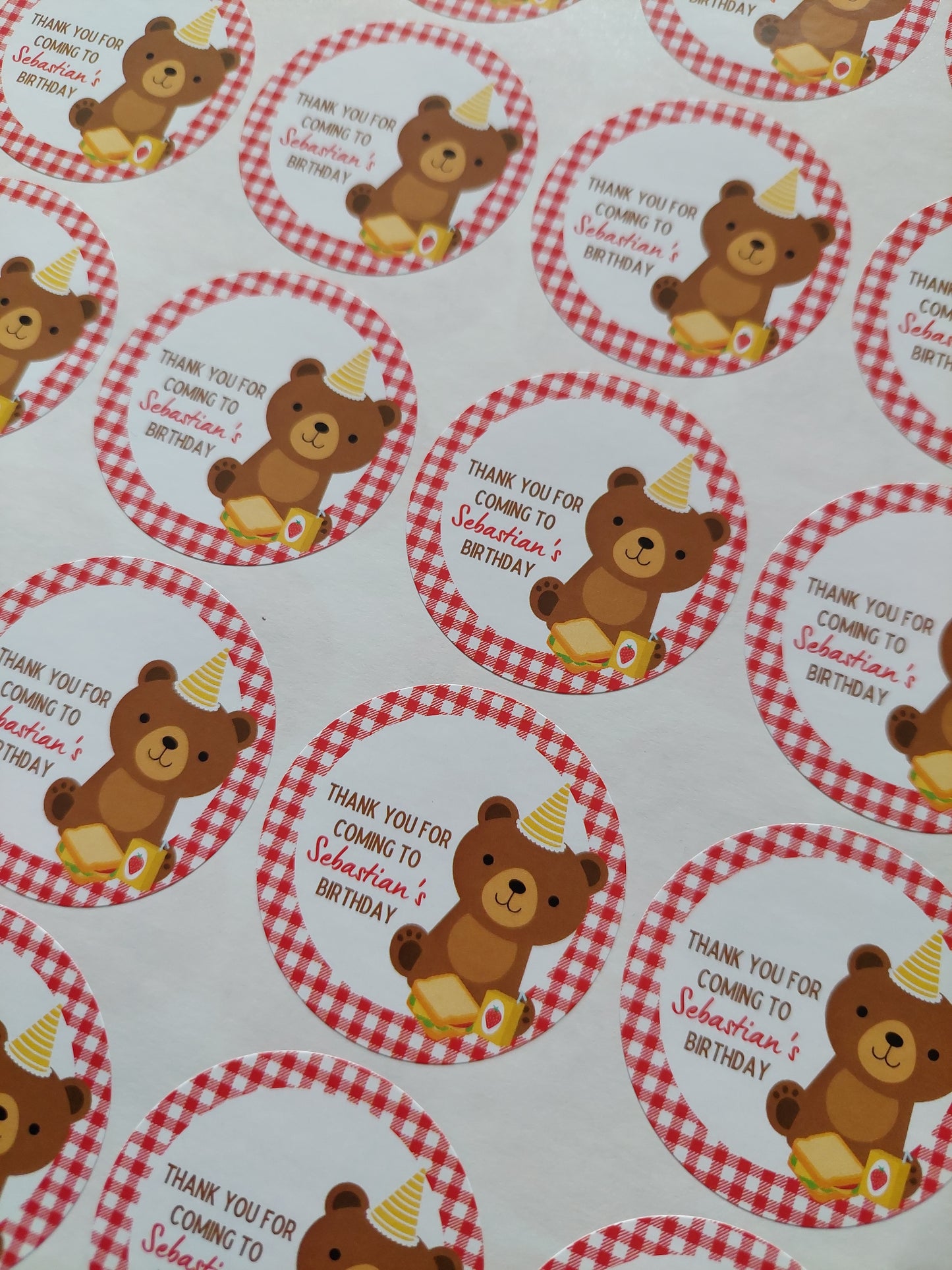 Red Teddy Bear Picnic Party Stickers | Circle Stickers | Sticker Sheet | Party Stickers