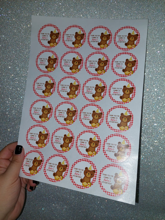 Red Teddy Bear Picnic Party Stickers | Circle Stickers | Sticker Sheet | Party Stickers