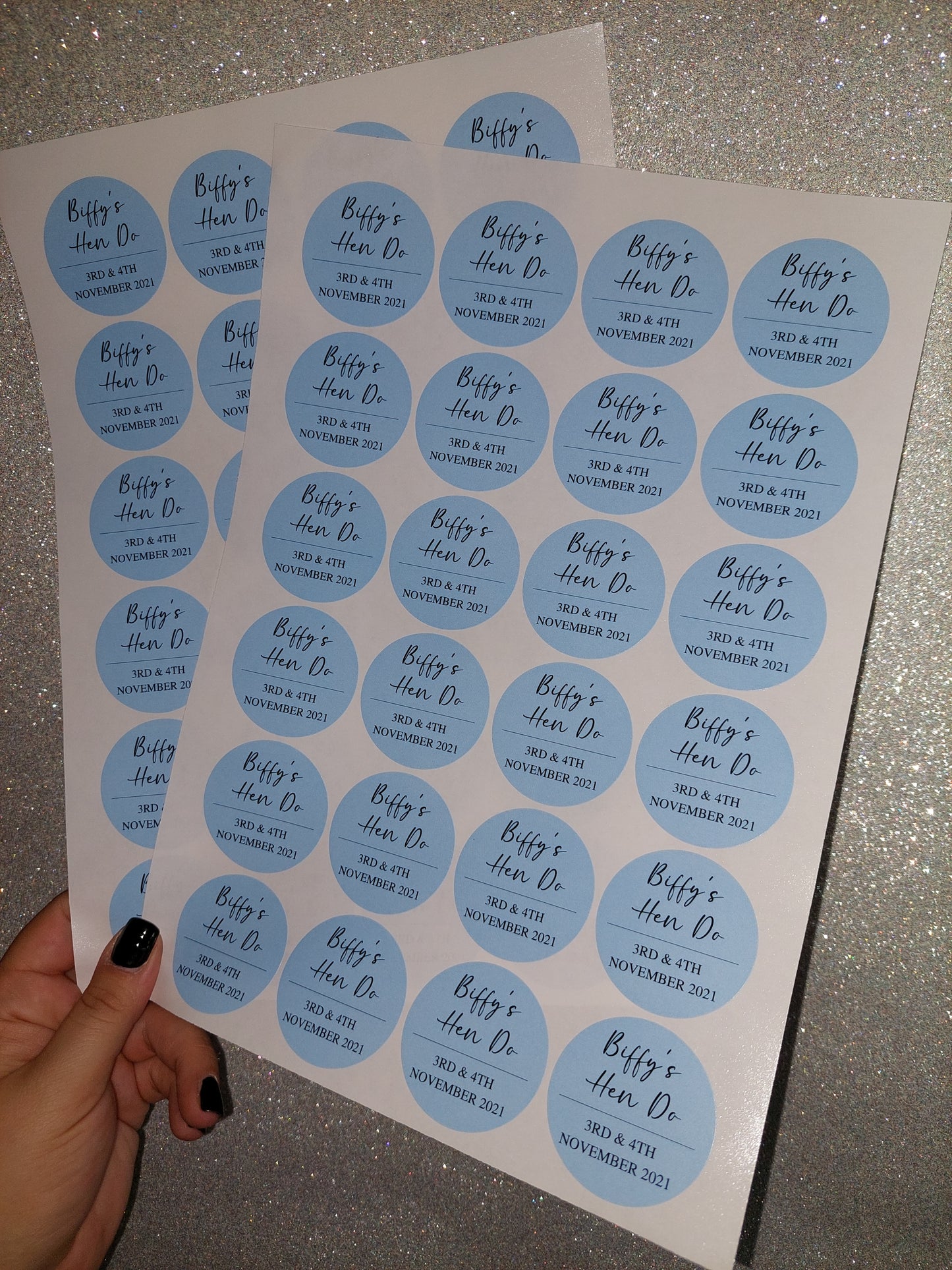 Blue Hen Party Stickers | Sticker Sheet 45mm Circles | Party Stickers | Circle Stickers | Sticker Sheet