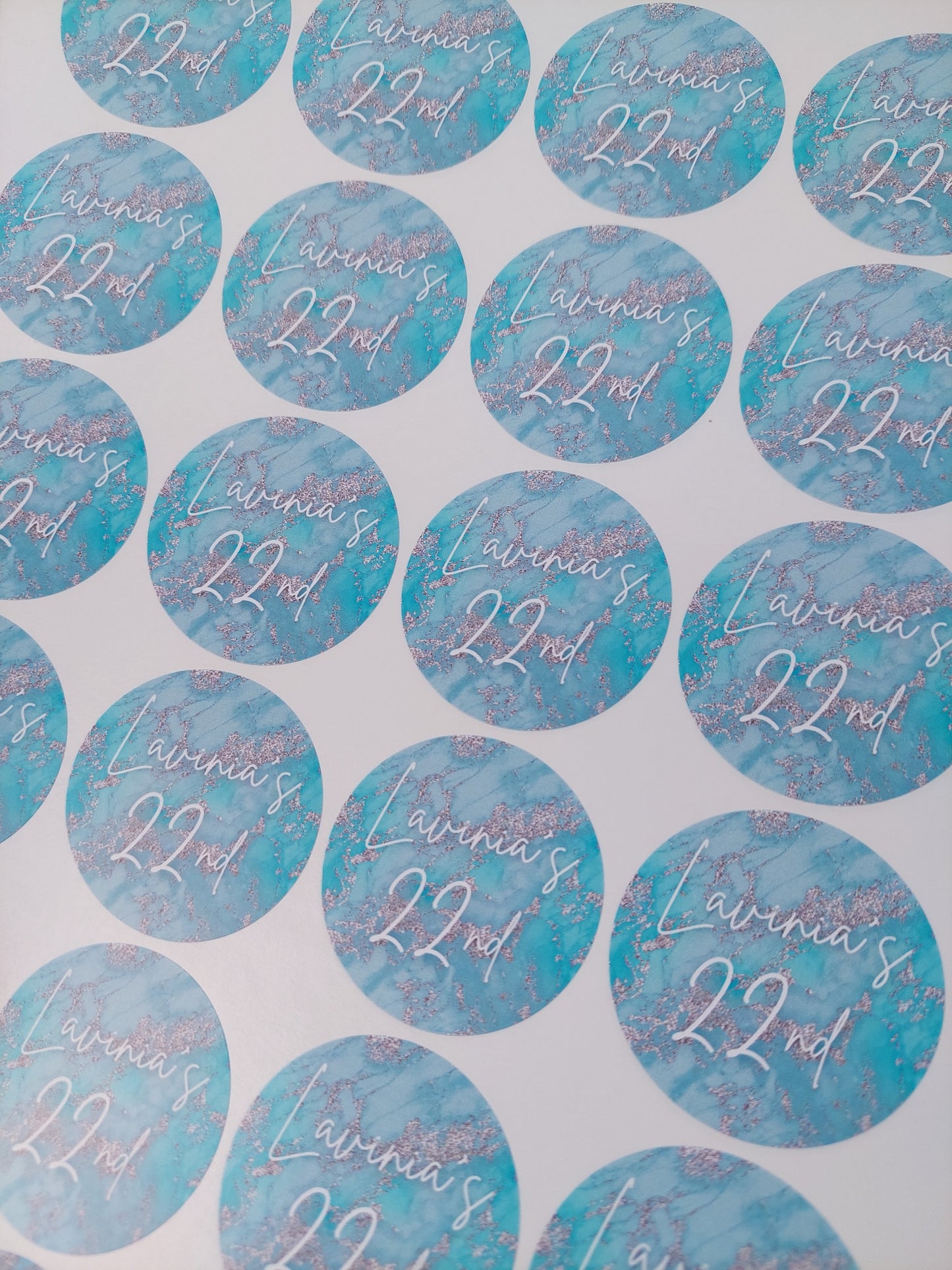 Blue Silver Marble Effect Birthday Stickers | Various Sizes | Birthday Party Supplies