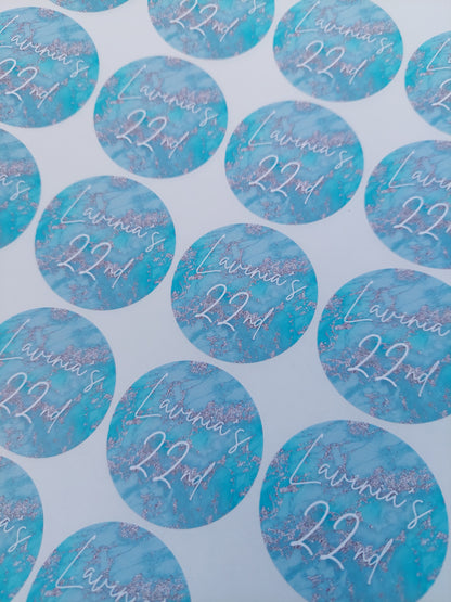 Blue Silver Marble Effect Birthday Stickers | Various Sizes | Birthday Party Supplies
