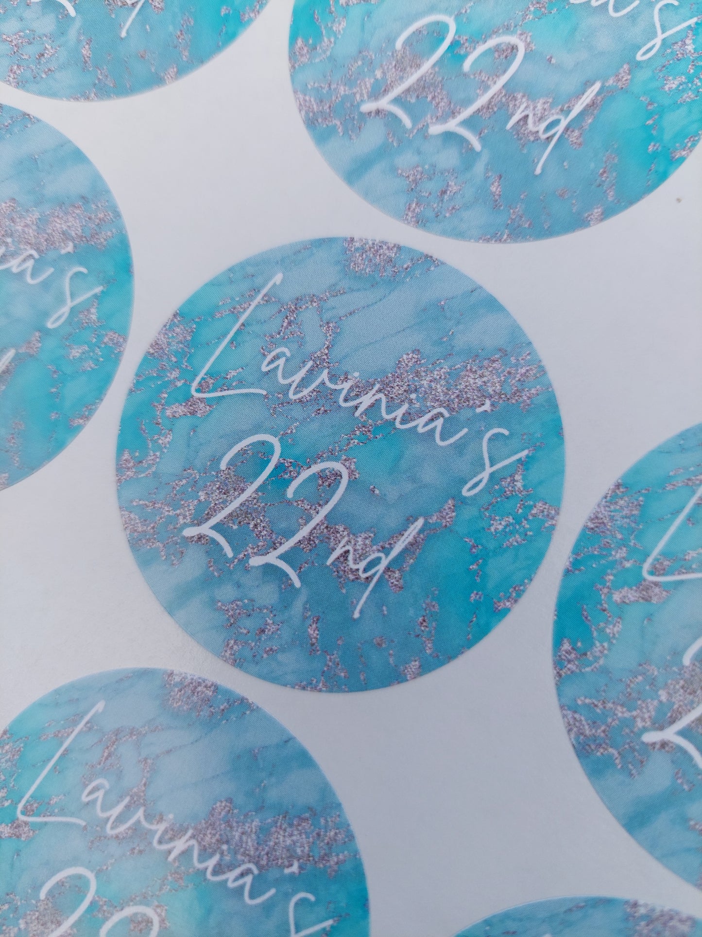 Blue Silver Marble Effect Birthday Stickers | Various Sizes | Birthday Party Supplies
