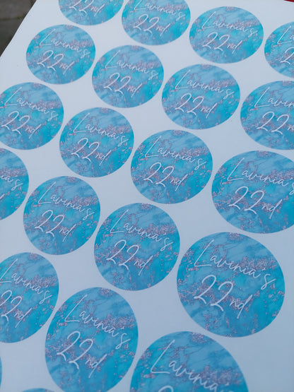 Blue Silver Marble Effect Birthday Stickers | Various Sizes | Birthday Party Supplies