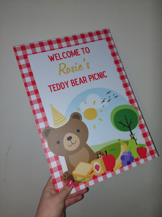 Red Teddy Bear Picnic Welcome Board Sign | Personalised Birthday Board | Birthday Party Sign | A4, A3, A2