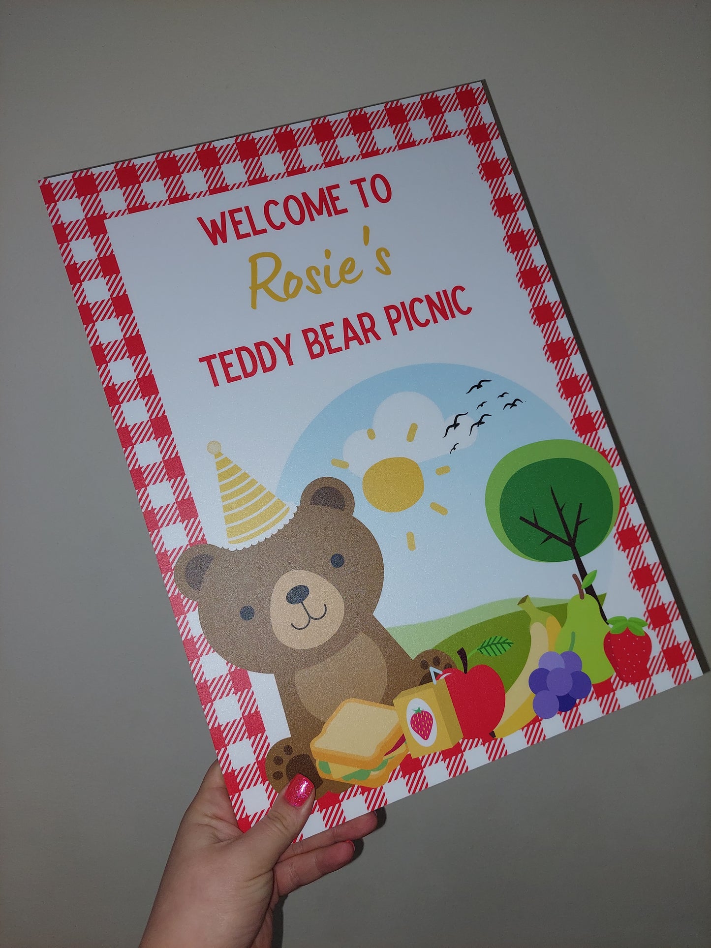 Red Teddy Bear Picnic Welcome Board Sign | Personalised Birthday Board | Birthday Party Sign | A4, A3, A2