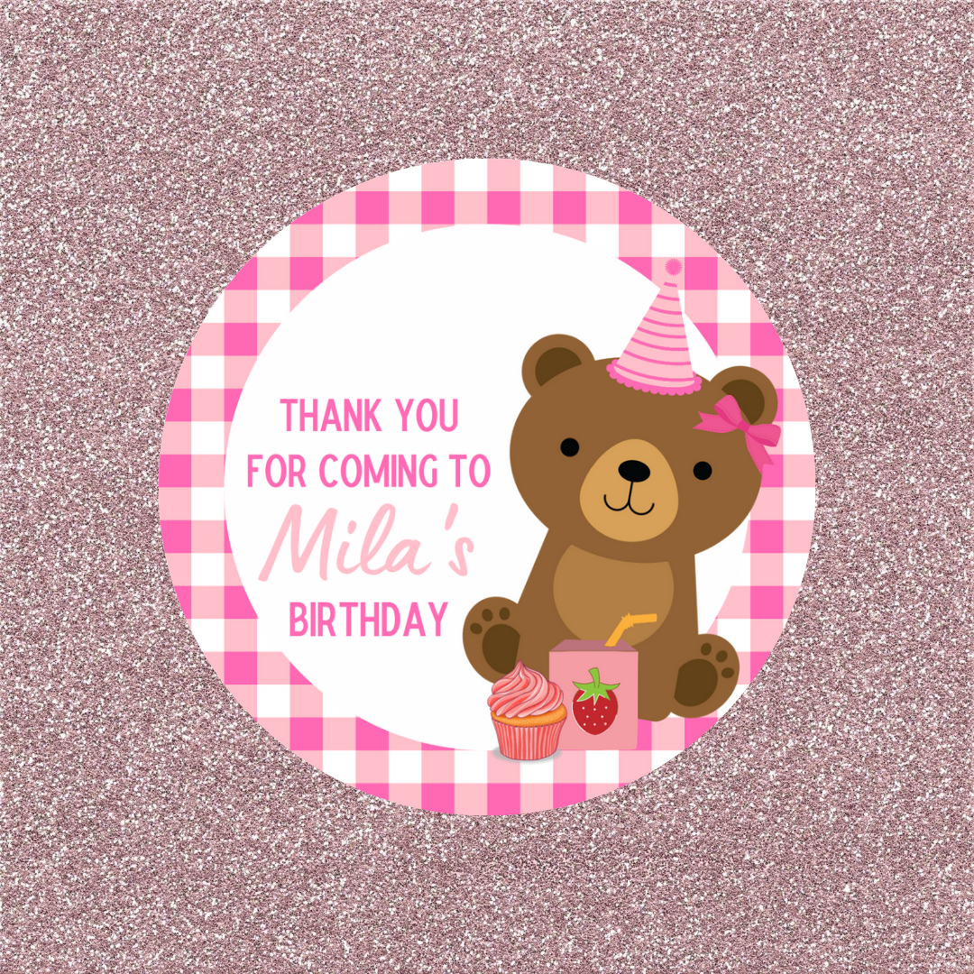Pink Teddy Bear Picnic Party Stickers | Circle Stickers | Sticker Sheet | Party Stickers