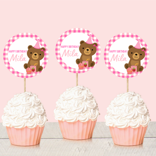 Pink Teddy Bear Picnic Cupcake Toppers | Birthday Cupcake Toppers | Party Decorations