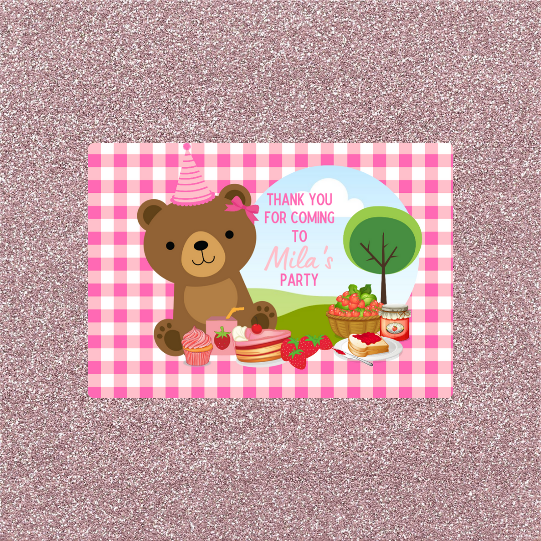 Rectangle Stickers | Party Stickers | Pink Teddy Bear Picnic Party Stickers | Party Bag Stickers