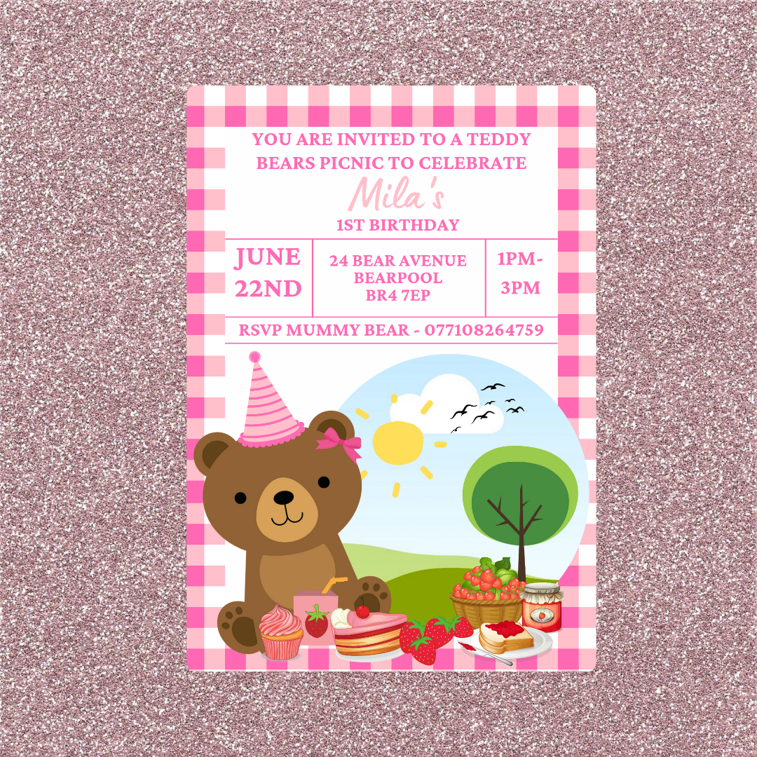 Pink Teddy Bear Picnic Invitations | A6 Invites | Teddy Bear Theme Invitations | Party Invitations