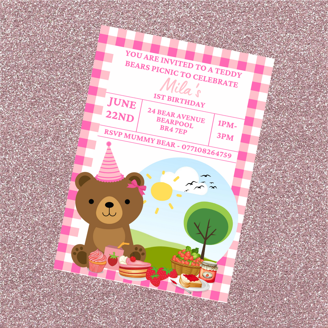 Pink Teddy Bear Picnic Invitations | A6 Invites | Teddy Bear Theme Invitations | Party Invitations
