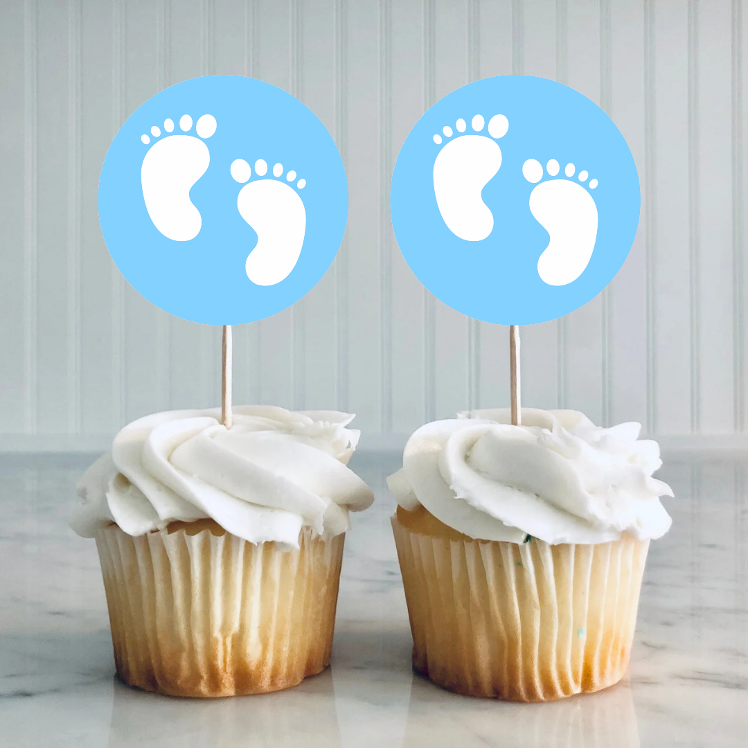 Blue Baby Footprint Cupcake Toppers | Baby Shower Cupcake Toppers | Baby Shower Party Decorations