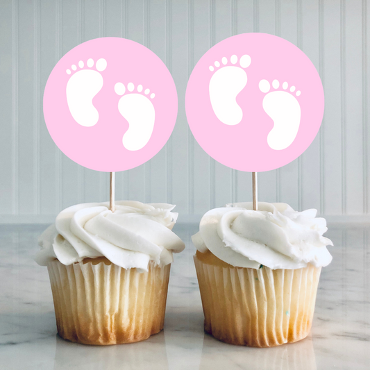 Pink Baby Footprint Cupcake Toppers | Baby Shower Cupcake Toppers | Baby Shower Party Decorations