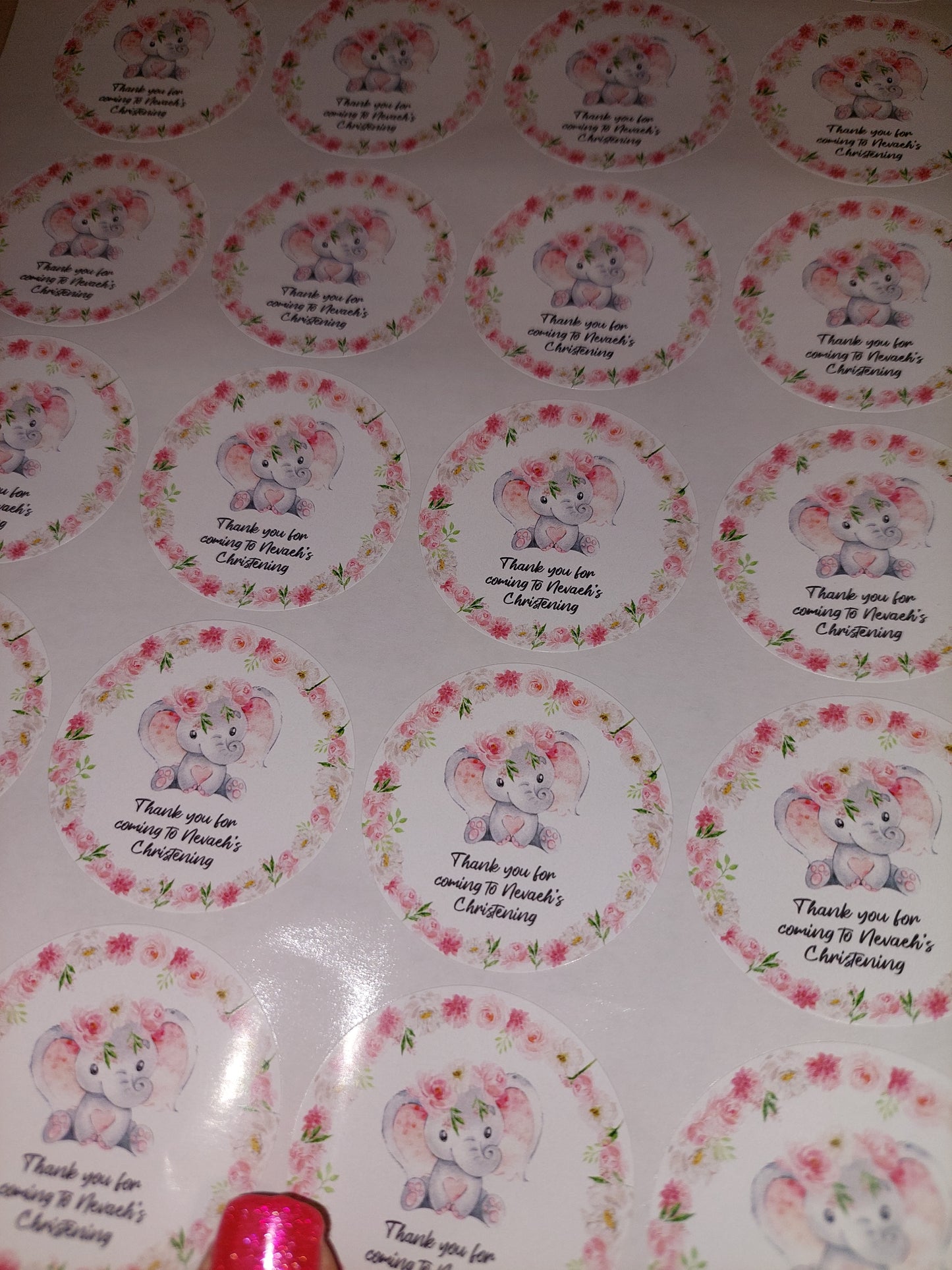 Personalised Pink Floral Elephant Stickers | Sticker Sheet 45mm Circles | Party Stickers | Circle Stickers | Sticker Sheet