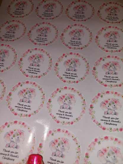 Personalised Pink Floral Elephant Stickers | Sticker Sheet 45mm Circles | Party Stickers | Circle Stickers | Sticker Sheet