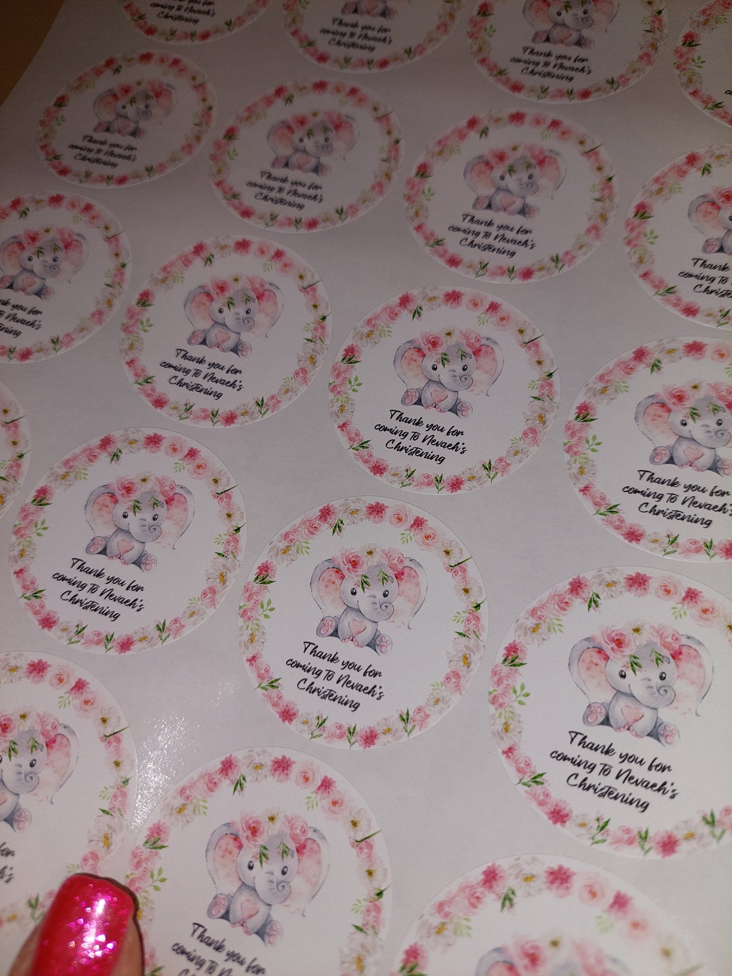 Personalised Pink Floral Elephant Stickers | Sticker Sheet 45mm Circles | Party Stickers | Circle Stickers | Sticker Sheet