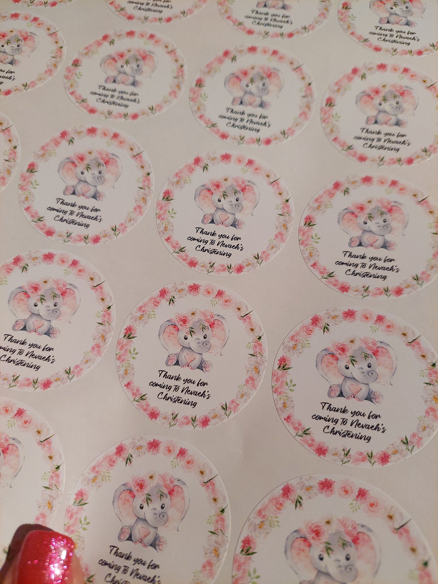Personalised Pink Floral Elephant Stickers | Sticker Sheet 45mm Circles | Party Stickers | Circle Stickers | Sticker Sheet